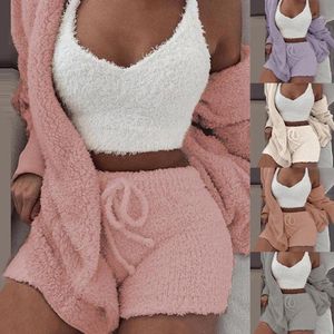 Peluş Eşofman Kadınlar 3 Parça Set Tişörtü Sweatpants Sweatsuit Ceket Kırpma Üst Şort Takım Spor Takım Elbise Jogging Femme1