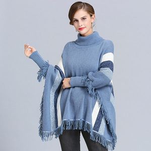 Nowa Jesienna dzianina Damska Ponchos High Collar Dzianiny Pulowers Tassels Sweter Poncho C5091