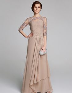 Modest Champagne Mother of the Bride Dresses Plus Size Ruched Lace Applique A Line Chiffon Wedding Guests Dress Mothers Formal Gow256G