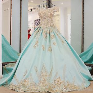 Real Picture Mint Green Africa Prom Dress Cap Sleeve Guld Lace Corset Masquerad Ball Gown Sweet Dresses Evening Quinceanera Wear