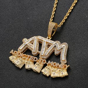 Oced Out Out Baguette ATM Письма Подвеска с веревочной цепью Золотой Серебряный Bling Zirconia Men Hiphop Ожерелье Ювелирные Изделия