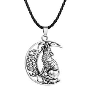 V7 Antique Moon Colgante de lobo aullante Símbolo de Valknut Odin de los nórdicos guerreros vikingos Collar para hombre