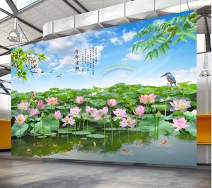 Custom Photo Mural Tapeta Retro Lotus Pond Beauty HD Kwiat i ptak Green Wall Painting Sypialnia salon Sofa 3d Papier ścienny