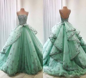 Mint Princess Lace Ball Gown Quinceanera Dresses Spaghetti Straps Sweep Train Sweet 16 Dress Prom Pageant Dresses vestidos de quinceañera