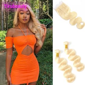 Indian Yirubeauty Body Wave Human Hair Bundles With 4X4 Lace Closure 3 Pieces/lot Virgin Hair 613# Blonde Body Wave Hair Wefts With Closure