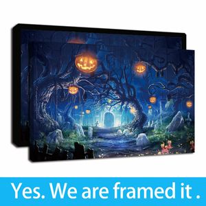 Happy Night Halloween Psychedelic Forest Pumpkin Immagini di arte della parete della tela Stampa giclée Decorazione della parete Pittura a olio su tela Opera d'arte incorniciata
