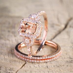 3PCS 18K Rose Gold Diamond Flower Ring Princess Engagement Rings For Women Wedding Jewelry Wedding Rings Accessory Size 6-10 Free Shipping