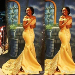 Arabisch neue sexy gelbe Satin Abendkleider tragen Meerjungfrau von Schulterspitzen Applikationen Kristallperlen Plus Size Prom Kleider Partykleider