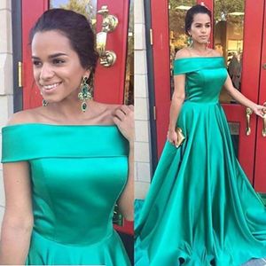 Green Satin Prom Dresses Off Shoulder Formal Party Party Gowns A Line Sweep Train Evening Dress Vestidos De Soiree