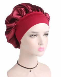 Women Wide Band Satin Silk Bonnet Cap Solid Color Comfortable Night Sleep Cap Soft Silk Long Hair Care Bonnet Headwrap Shower DHL