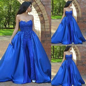 Nytt speciellt tillfälle Klänningar Kvinnors Jumpsuit Lace Prom Klänningar Strapless Applique Beaded Formal Party Aftonklänningar med över kjolar