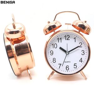 4 inch Rose Gold Alarm Desk Clock with Night Light Battery Operated Student Desktop Home Office Needle Mute Silently Table