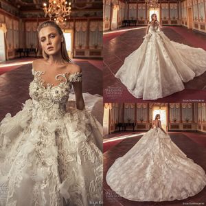 Vintage 2021 Julia Kontogruni Wedding Dresses Off Shoulder Lace 3D Floral Appliques Beads Crystals Luxury Ball Gowns Bridal Gowns