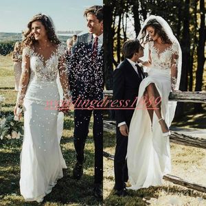 Elegant Mermaid Långärmad Bröllopsklänningar Lace Ilusion Chiffon Sexig Bride Plus Size Afrikansk Vestido de Novia Bohemian Boho Brudklänning