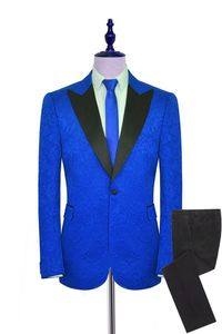 Os mais recentes Men Suits Padrão Royal Blue com preto Noivo Smoking Peak Satin lapela Groomsmen Wedding Best Man 2 Pieces (jaqueta + calça + gravata) L495