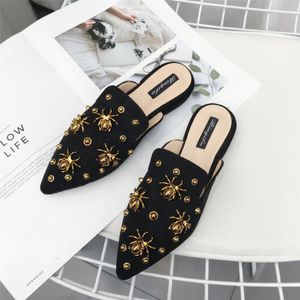 Hot Sale-Fashion Velvet Women Slippers Pointed Toe Women Flat Mules Spider Metal Decoration Heel Shoes High Quality Women Shoes988