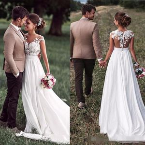 Chiffon Eine neueste Linie Kleider gekappte Ärmel bedeckte Knöpfe Illusion Lace Applique Land Hochzeit Braut Kleid Vestido de Novia Pplique