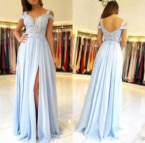 Jasne niebo niebieskie z ramion A-line sukienka druhna koronkowa aplikacja Side podzielona Maid of Honor sukienka