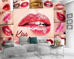 Soggiorno con carta da parati 3D Tutti i tipi di rossetti sexy decorano le pareti dei negozi di cosmetici Bellissimo sfondo decorativo HD