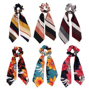 Девушки женщин Упругие Hairbands Scrunchie Streamer аксессуары Scrunchies Vintage Stripe цветы ленточку тюрбан хвощ связи волос 50шт F416C