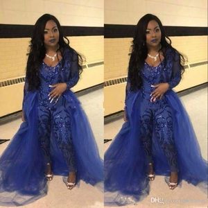 Trendy Jumpsuit Prom Dresses Pants Overskirt Long Sleeve Royal Blue Sequins Party Evening Gowns Robe De Soiree Celebrity Special O282R