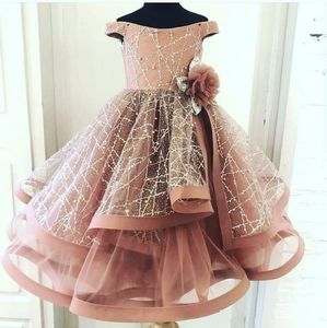 Blush rosa 2020 flor vestidos vestido de bola menina vestidos de casamento vintage fora do ombro comunhão vestidos de concurso