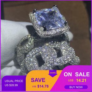 Hip Hop 2019 Ny Hot Sale Vintage Mode Smycken 925 Sterling Silver Pave White Clear CZ Kvinnor Bröllop Bröllop Ring Set Present