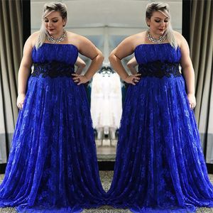 Sexy Royal Blue With Black Lace Prom Evening Dress Long Plus size Strapless Ruched Floor Length Formal Dress New SD3376