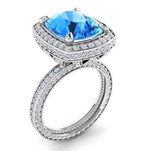 Taglia 6-10 Gioielli di moda vintage Sterling Sier Cuscino Forma Blu Zaffiro Cz Diamante Eternity Pave Cz Donne Matrimonio Anello nuziale Regalo