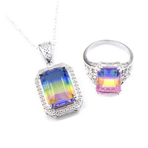 Rainbow Multi 2Pcs/Lot Rings Pendants Sets rectangle Bi colored Tourmaline Vintage 925 silver Chain Necklaces Jewelry For Women Holiday Part