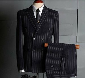 Pinstripe Groom Wear Slim Fit Double Breasted Peaked Lapel Mens Business Formal Prom Tuxedos Best Man Blazer Suit (Jacket+Pants)