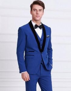 Royal Blue Groom Tuxedos Black Shawl Lapel Groomsman Bröllop 3 Piece Suit Fashion Men Business Prom Jacka Blazer (Jacka + Byxor + Tie + Vest) 2560