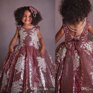 Bollklänning Guld Rose Pink paljetter Flower Girls Dresses Juvel Neck ärmlösa Söklösa applikationer Bow Princess Birthday Girl Pageant Gowns