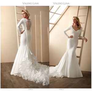 Zarif Valerio Luna Mermaid Gelinlik V Boyun Uzun Kollu Hollow Dantel Aplike Sequins Ruffles Gelinlik Sweep Tren Robe de Mariée