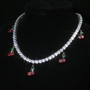 Rhinestone Cherry Naszyjnik Iced Out Chain Bling Kobiety Moda Hip Hop Biżuteria Złoto Posrebrzane Luksusowe Owoce Wisiorek Kołnierz Choker Naszyjnik