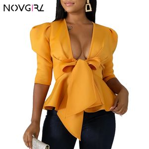 Novgirl Elegant Fuff Muffe Office Lady Blouse Shirts Höst V Neck Bow Slips Bandage Yellow Blouse Topps Sexig Vintage Blousa
