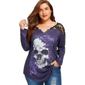 Oversized T Shirt Plus Storlek 5XL Lace Crochet Skull Print Asymmetriska Topp Grafiska Tees Kvinnor Sexig T-shirts Långärmad Lös trend