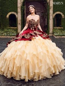 2020 Sweetheart Burgundy Ball Gown Quinceanera Klänningar med broderi Tiered kjolar Lace Up Golvlängd Vestido de Festa Sweet 16 Dress