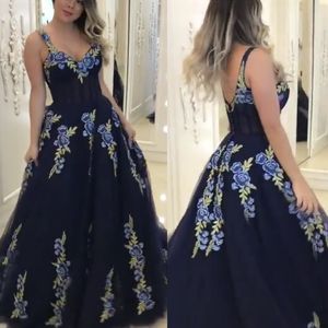 Azul marinho Vestidos de Baile de Renda Appliqued Uma Linha de Flor Vestidos de Noite Longo Formal Vestidos de Festa