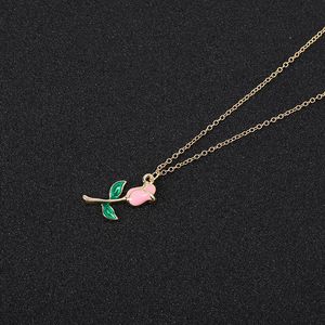 Cartoon Colorful Tree Branch with Green Leaf Pendant Chain Necklaces Crimson or Pink Colors Rose Flower for Women Graduation Gifts