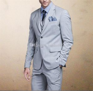 Bardzo dobre dwa przyciski Light Grey Groom Tuxedos Notch Lapel Men Garnitury 3 Sztuki Wedding / Prom / Dinner Blazer (Kurtka + Spodnie + Kamizelka + Krawat) W566