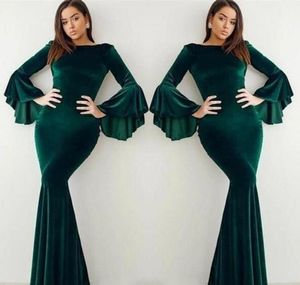 2019 sammet mörkgrön kvällsklänning elegant arabisk dubai flare långa ärmar semester kvinnor bär formell fest prom klänning skräddarsydda plus storlek
