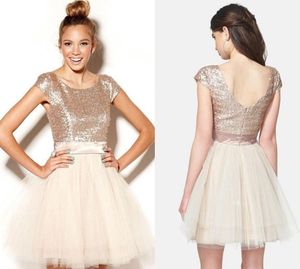 بالإضافة إلى حجم الفساتين الوطن شمبانيا قصيرة الورد الذهب الترتر Tulle Sweet 16 Juniors Prom Dress Dress Barty Semi Skirt Tutu Skirt