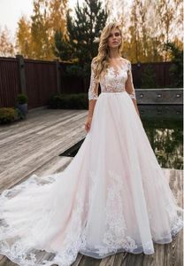 Hochzeitskleid Crew schiere Illusion Hals Dreiviertelärmel Brautkleider Vestidos de Novia 2019 Spitze Brautkleid Trouwjurken Mariage Robe