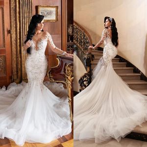 Suudi Arabistan Vintage Gelinlik Scoop Boyun Uzun Kollu Dantel Aplike Boncuklu Gelinlikler Artı Boyutu Ruffles Sweep Tren Robes de Mariée