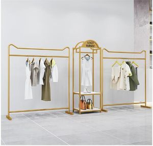 Showcase rack sovrum möbler högklassig klädaffär enkel guld klänning butik järnställ golv hängande kläder hyllan