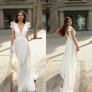 2020 Czeski Suknie ślubne V Neck Wzburzyć Bez Rękawów Suknia Ślubna Backless Sweep Simple Custom Made Robes de Mariée