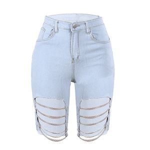 New Women Jeans Summer Streetwear Chain Hollow Out Black High Waist Knee Length Pants Light Denim Jeans Skinny Short Pants