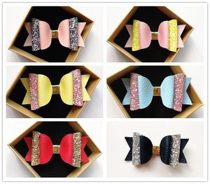 Moda 12pcs Güzel Kızlar Pu-Lather Glitter Patchwork Büyük Bowknots 10.5cm Saç Pençeleri Sevimli Çocuklar Pembe Sarı Saç Aksesuarları Toptan