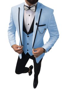 Slim Fit Light Blue Groom Tuxedos Peak Lapel Groomsman Bröllop 3 Piece Suit Fashion Men Business Prom Jacka Blazer (Jacka + Pants + Tie + Vest) 28